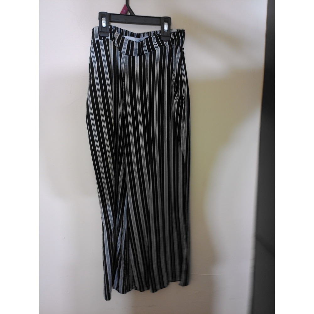 Hollister Wide Leg Pants Womens L Black White Striped Elastic Waist Coastal Chic